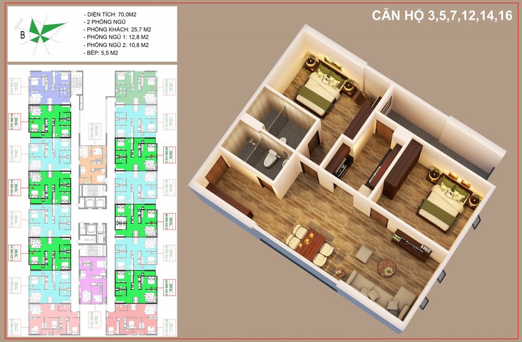 Mặt bằng căn căn số 3, 5, 7, 12, 14, 16 nhà ở xã hội IEC tứ hiệp thanh trì