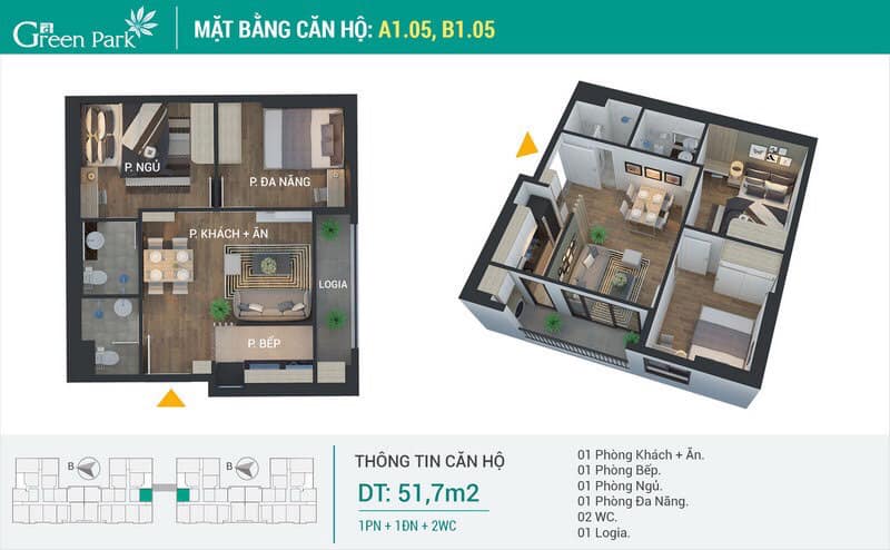 mặt bằng căn hộ 51.7m2 Green Park Hoàng Mai căn A1.05 và B1.05, diện tích , 1PN+1Vs