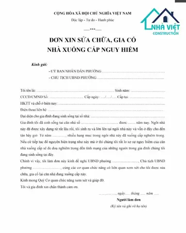 Đơn Xin Sửa Chữa Nhà: Mẫu Cho Chung Cư, Cấp 4, Tập Thể