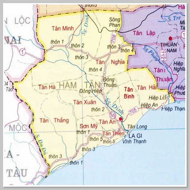 Bản đồ hành chính thể hiện địa giới các xã thị trấn của Huyện Hàm Tân