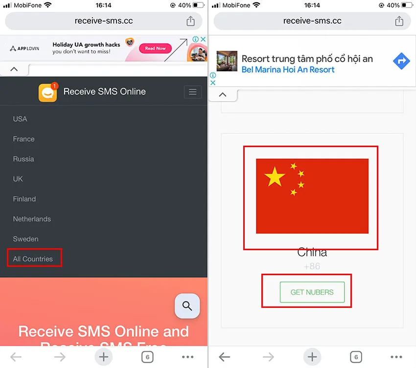 Chọn quốc gia Trung Quốc để lấy số ảo trên Receive SMS Online