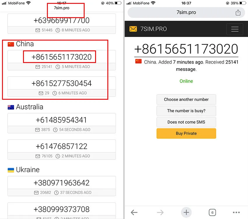 Quy trình chọn số điện thoại ảo Trung Quốc trên 7sim.pro