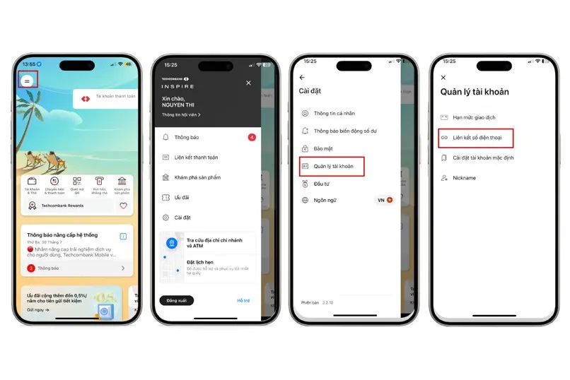 Giao diện cài đặt của Techcombank Mobile, hiển thị tùy chọn "Liên kết số điện thoại" giúp người dùng đổi số tài khoản Techcombank sang số điện thoại một cách tiện lợi.