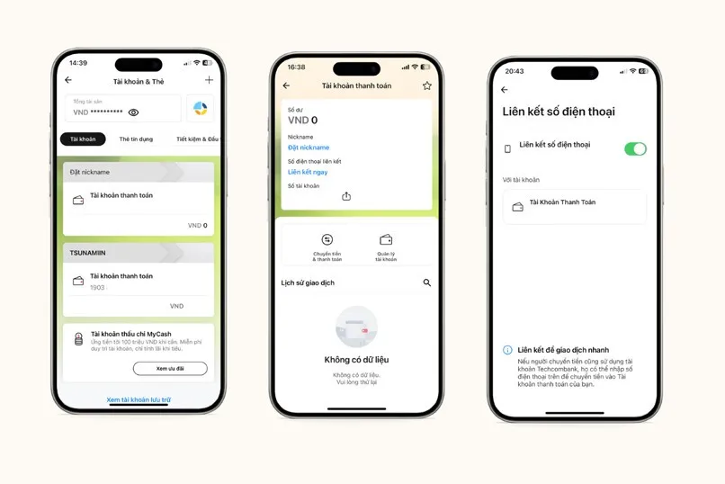 Giao diện Techcombank Mobile với nút "Liên kết ngay" để đổi số tài khoản Techcombank sang số điện thoại, giúp người dùng dễ dàng thực hiện giao dịch chuyển tiền.