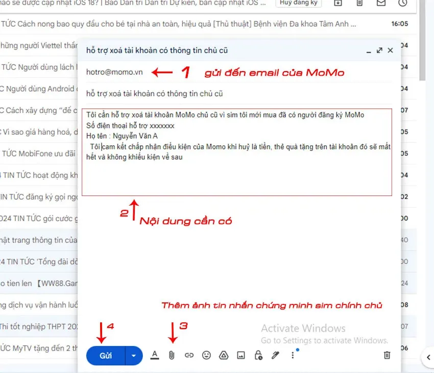 Người dùng gửi email yêu cầu hỗ trợ MoMo