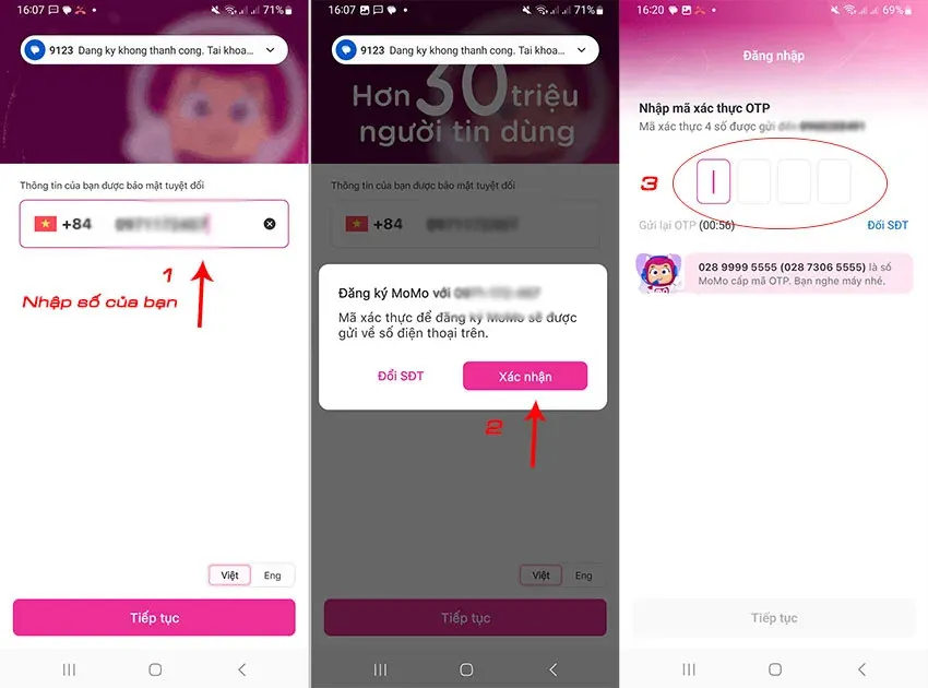 Nhập mã xác nhận OTP trên ứng dụng MoMo