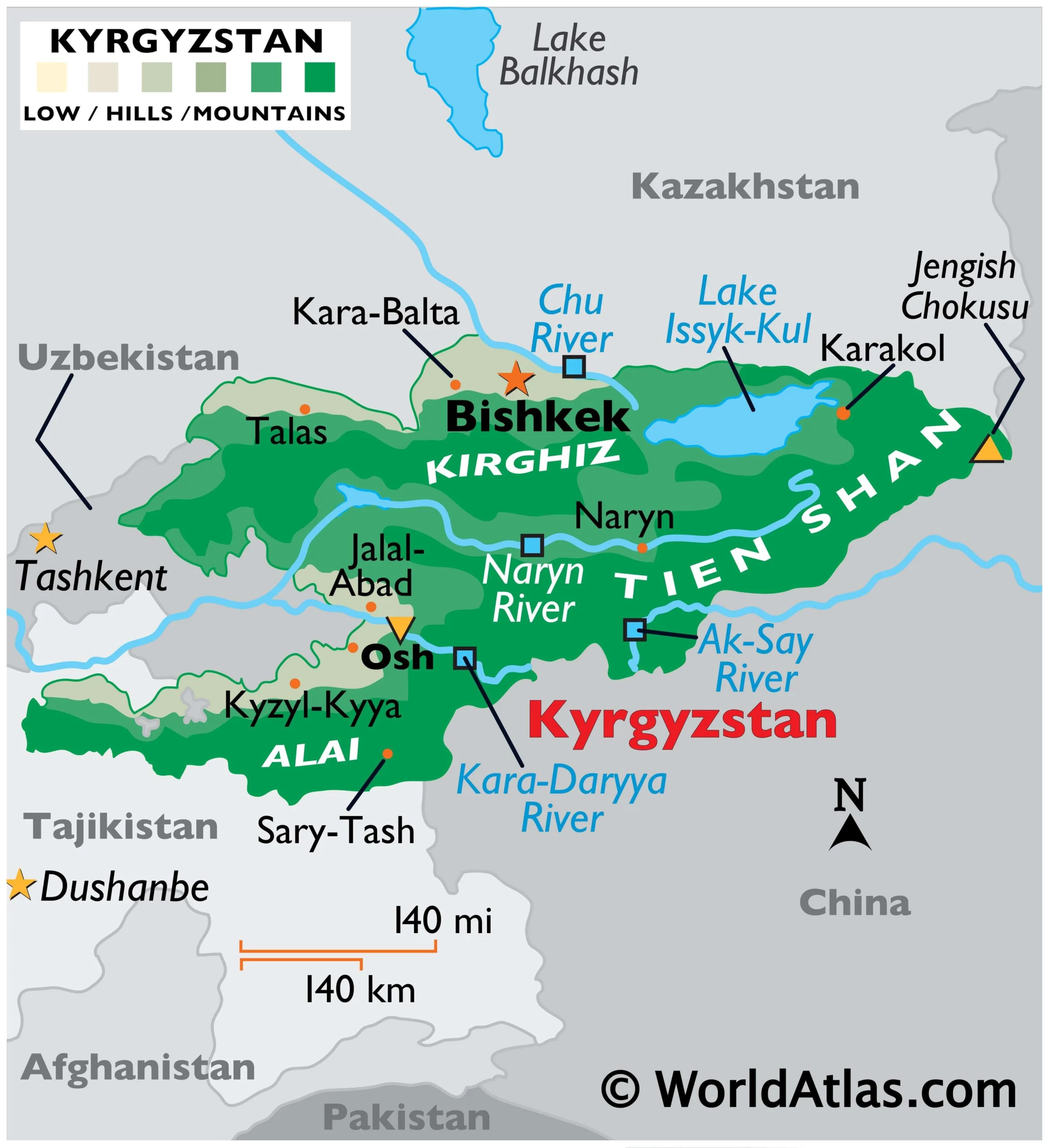 Bản đồ địa lý vật lý của Kyrgyzstan