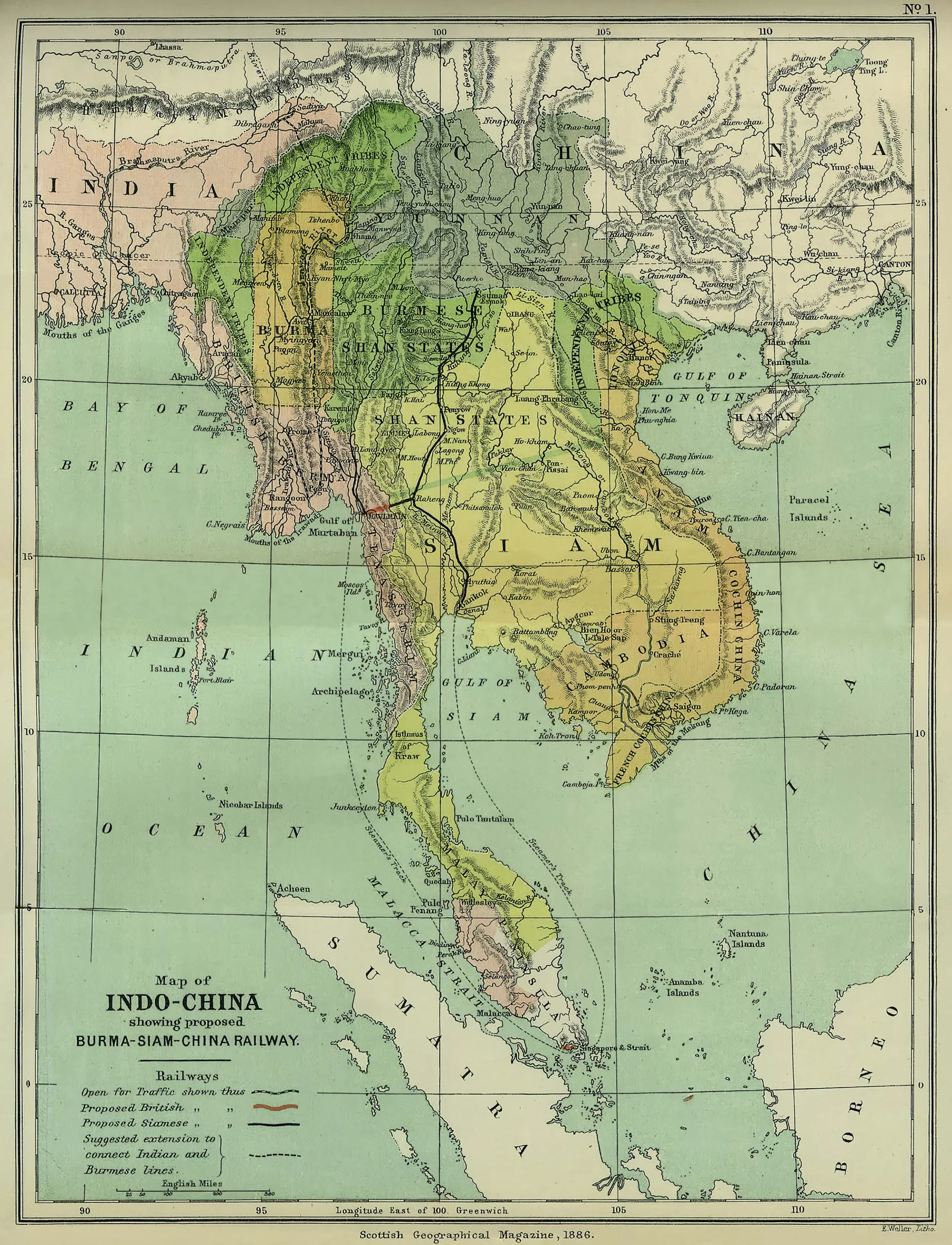 Bán đảo Đông Dương Gồm Những Nước Nào? Khám Phá Chi Tiết 2026 Bản đồ đường sắt Đông Dương và các khu vực lân cận năm 1886