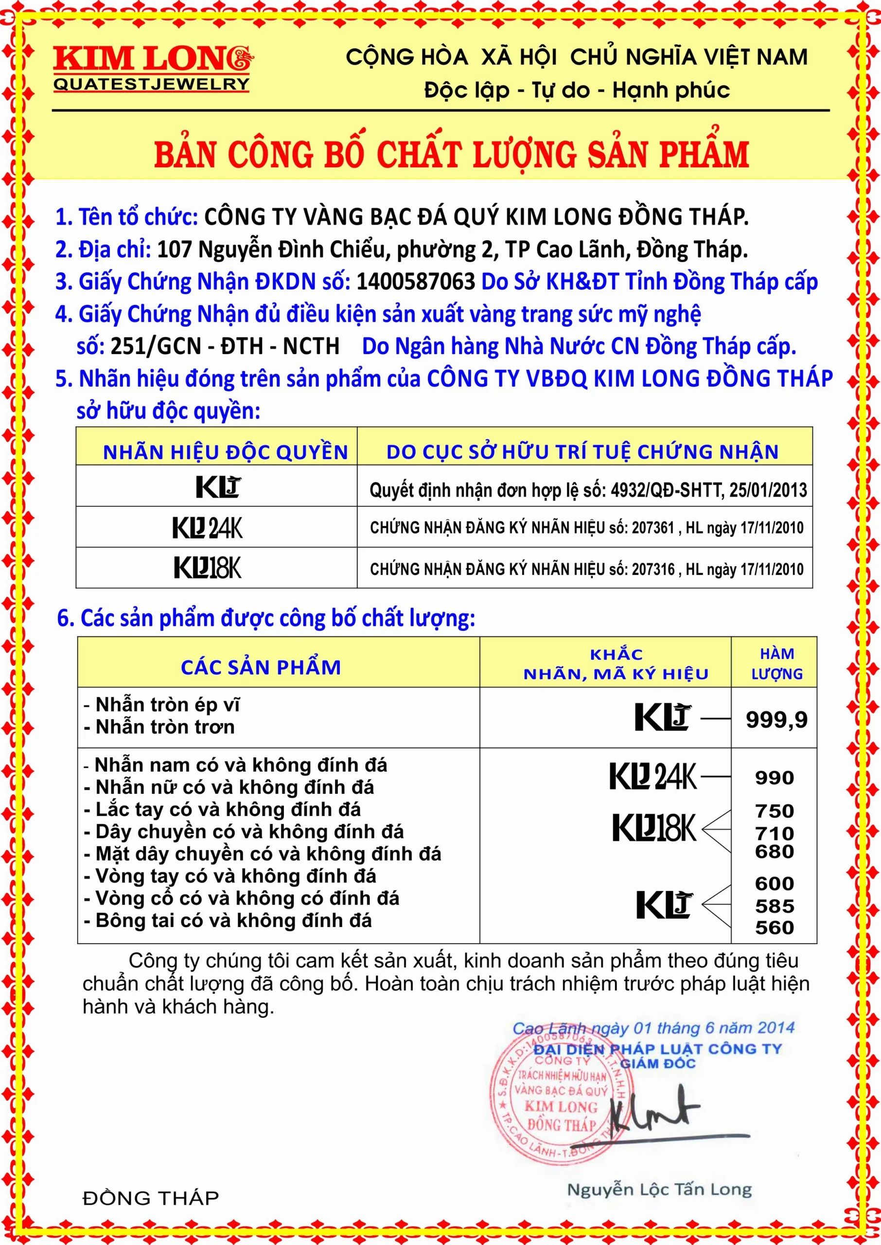 Giá vàng Kim Long Đồng Tháp hôm nay: Cập nhật & Phân tích 2026 Bảng công bố chất lượng sản phẩm vàng Kim Long