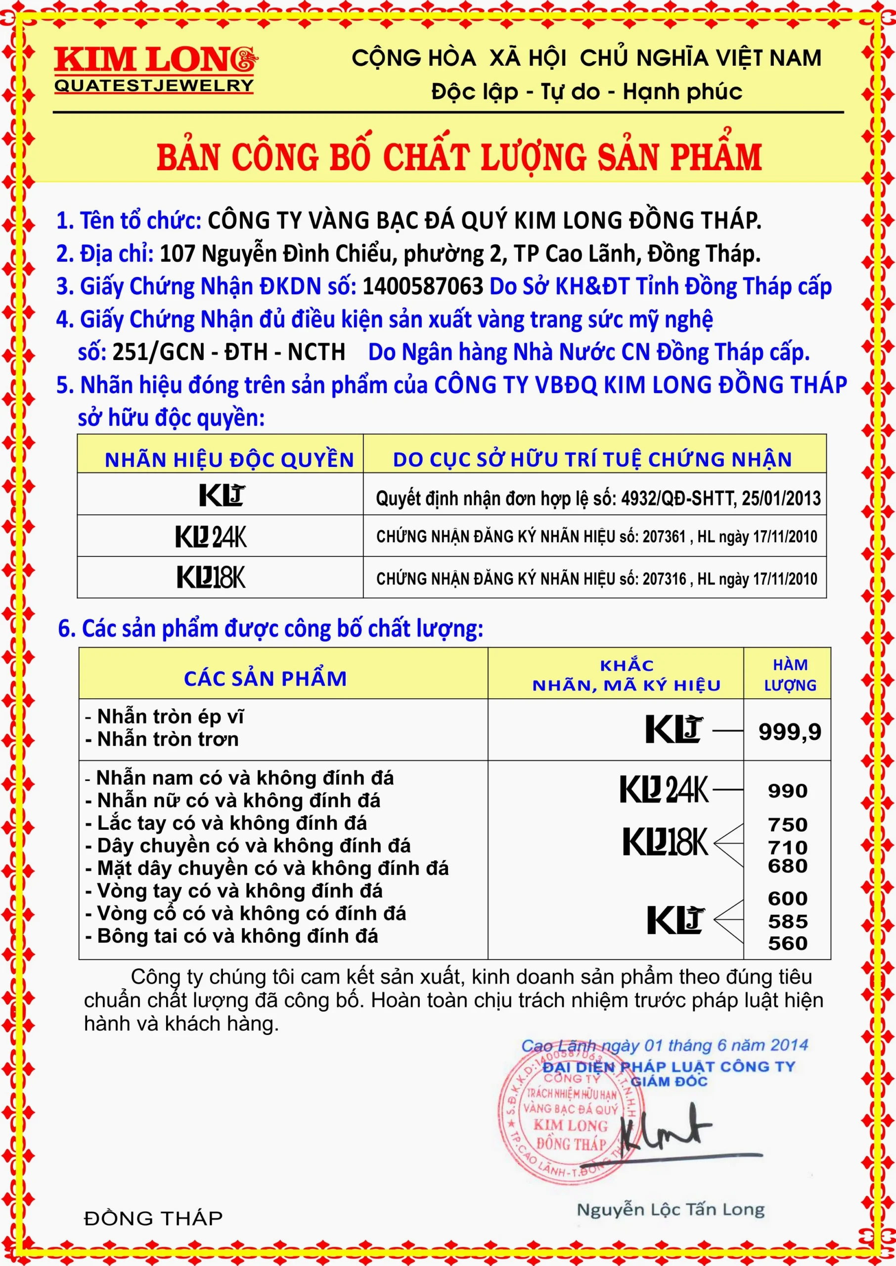 Giá vàng 24k tại Đồng Tháp hôm nay: Cập nhật & Phân tích Bảng công bố chất lượng sản phẩm vàng