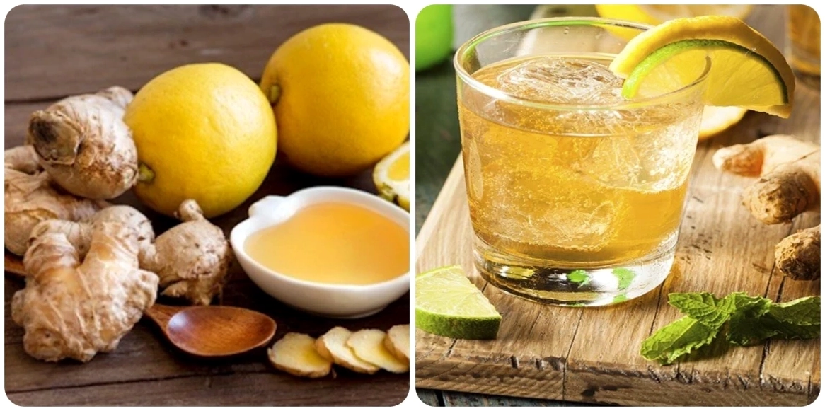 Ly nước chanh gừng và lát chanh, gừng tươi