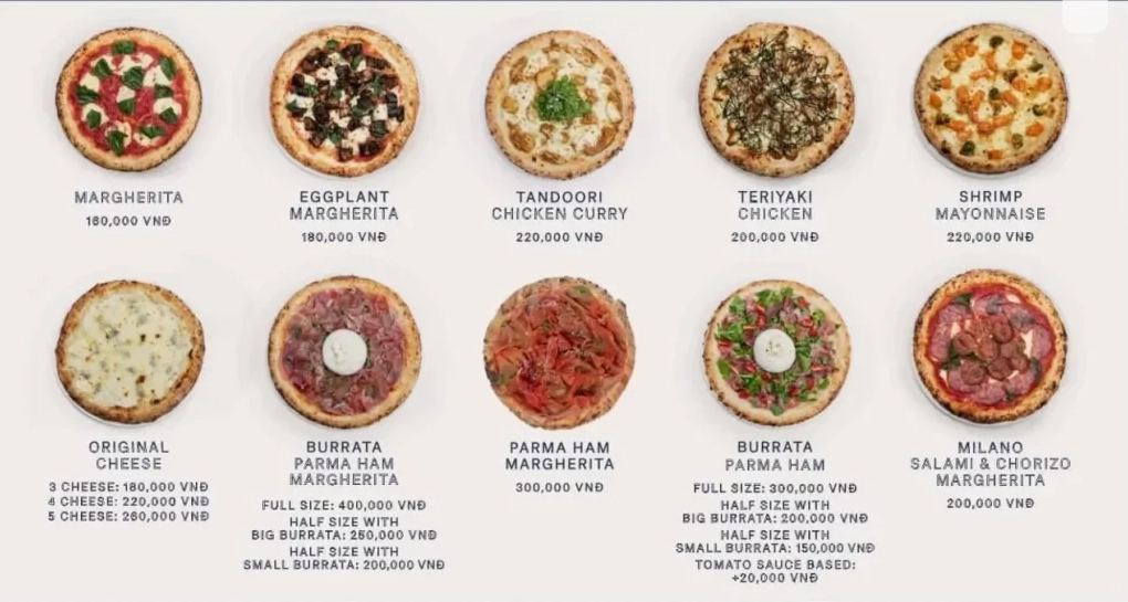 Menu đa dạng của Pizza 4P's
