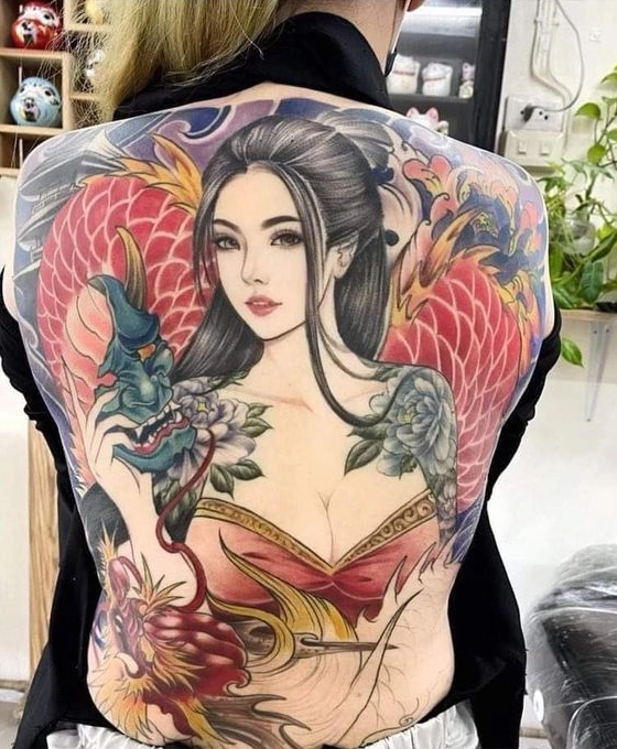 Hình xăm full lưng nhật cổ nữ đẹp mắt