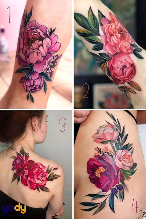 Hình xăm hoa mẫu đơn nhỏ tinh tế trên vai nữ
