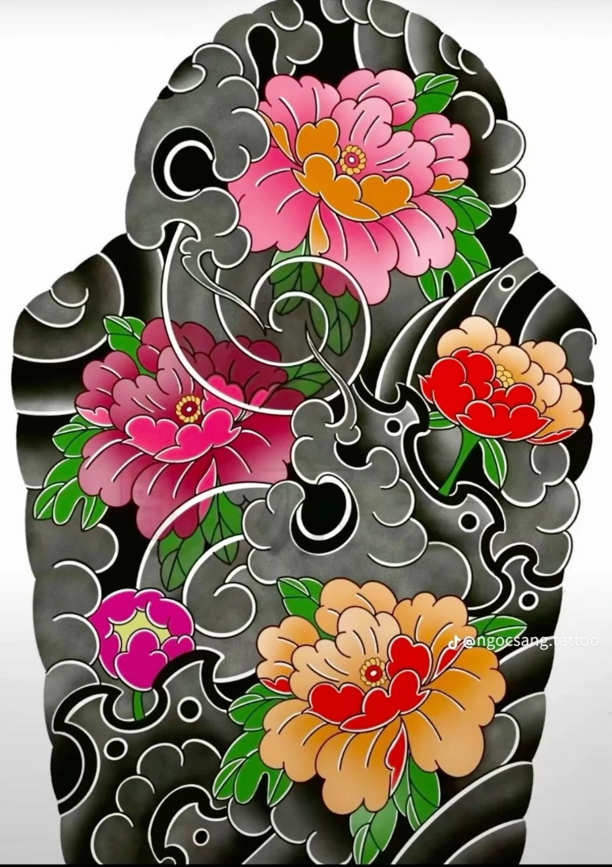 Hình xăm nhật cổ hoa mẫu đơn kết hợp với rồng