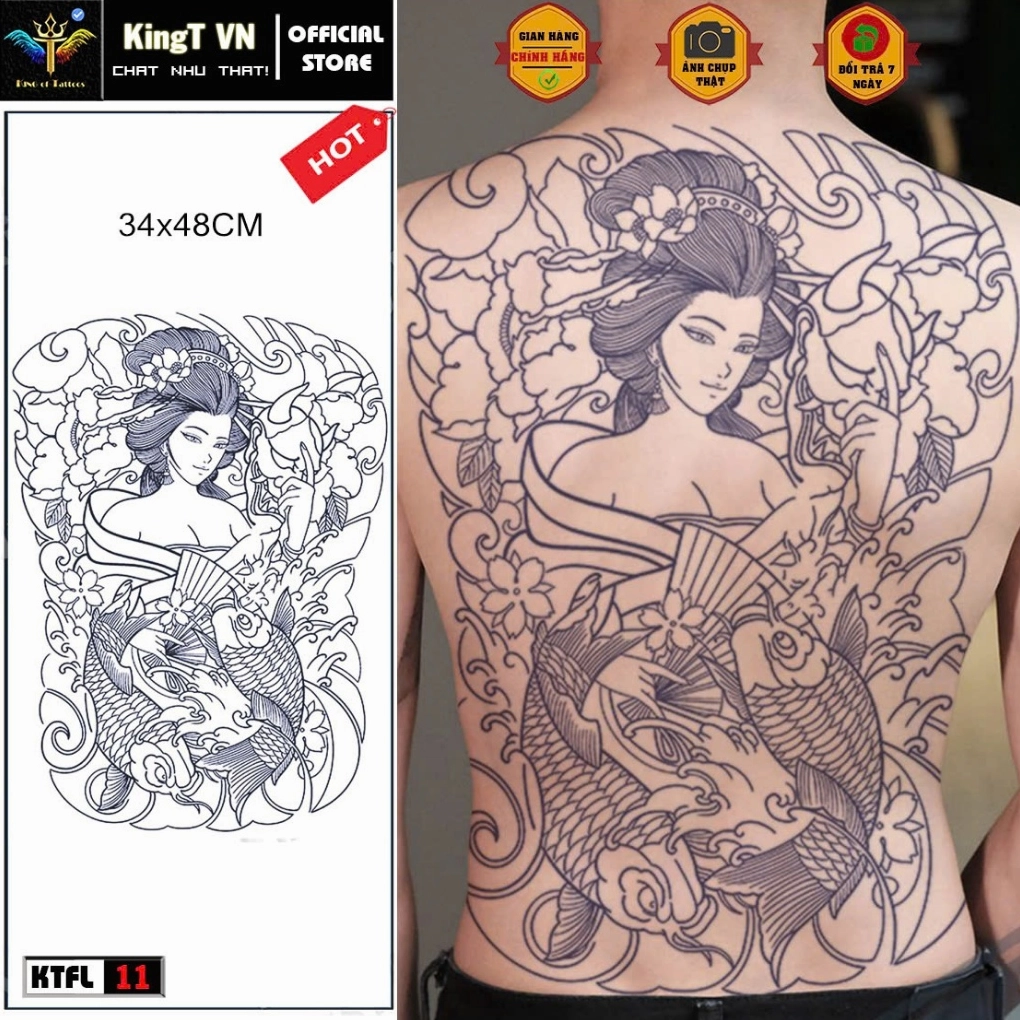 Hình xăm rồng và phượng hoàng Nhật cổ full lưng nữ